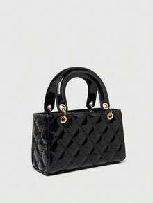 1pc PU Leather Handbag, Burgundy, Multi-Function Quilted Patent Leather Tote Bag, Structured Mini Wallet, Fashion Geometric Pattern Shoulder Crossbody Bag - Black - View 6
