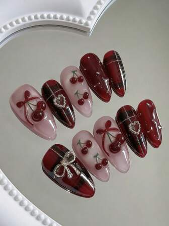 10 st Y2K Sweetheart mandelformade nagelklistermärken, körsbärs 3D-rosettmönster, varm vinterstämning, glitterdekor handgjord gelmanikyr, avantgardestil, glansigt glitter, perfekt för dejter/fester/helger, oumbärlig nagelkonst för kvinnor