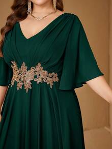 UNITHORSE V-Neck Ruffle Sleeve Waist Applique Chiffon Evening Gown Dress - Dark Green - View 6