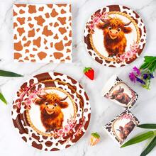51/25/8/1pc Cute Highland Milk Cow Pattern Farm Disposable Plates, Napkins, Cups, Tablecloth And Bunting Set, Party Supplies Set Suitable For 8 Guests, Disposable Paper Plates Party Tableware Suitable For Birthday, Wedding, Theme Party, Family Picnic - Multicolor - View 4