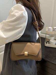 محفظة معدنية عصرية للنساء، لون أحادي من جلد البولي يوريثان - بني داكن - مشاهدة 4