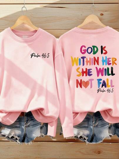 1pc Tween Girls Casual Colorful Graphic Print Crew Neck Long Sleeve T-Shirt, Autumn Student Young Clothing - The Vibrant Printed T-Shirt Will Definitely Make The Kids Smile. "God Is Within Her, She Will Not Fall" Valentine's Day Clothes