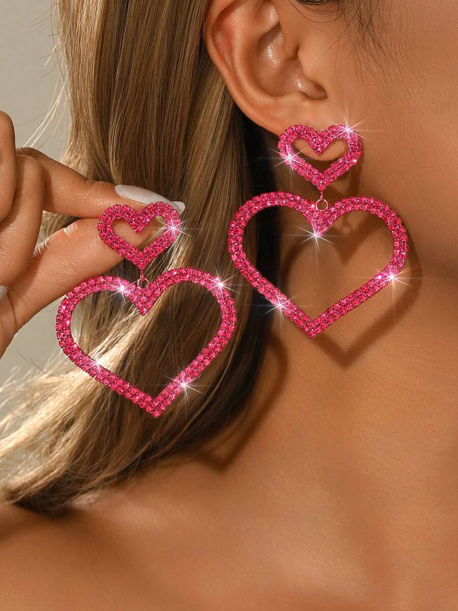 1对女士情人节梦幻闪亮粉色耳环，心形设计，浪漫可爱，情人节、妈妈、母亲节礼物 - 彩色 - 查看 1