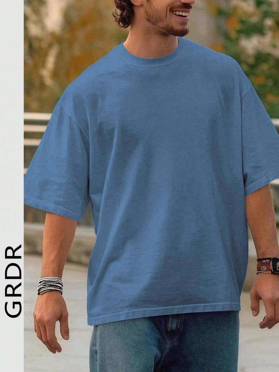 GRDR Men's Fashionable Loose Fit Short Sleeve T-Shirt | Exquisite Design | Summer Essential | Easy To Match | Showcase Your Style - Dusty Blue - View 1