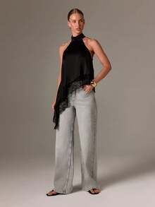 Women's Black Camisole Top, Asymmetric Hem, Open Back Design, Contrast Lace Trim, Regular Length - Black - View 5