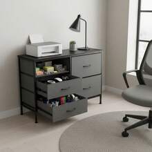 5 Drawer Dresser Bedroom, 39.4 Fabric Chest Of Drawers With Wooden Top, Storage Organizer Closet, Hallway & Living Room, Rustic Brown - Gray - 查看 6