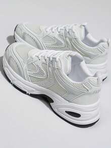 Breathable Mesh Chunky Sneakers, Lace-Up Air Cushion Casual Sports Shoes For Daily Walking & Outdoor Activities - 米色 - 查看 7