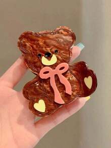 Bow Teddy Bear Hair Claw Accessory For Women, Cute Textured Acetate Teddy Bear Claw Hair Clip, Brown Bun Hair Claw Clip, Suitable For Half-Up Or Full-Up Hairstyles, Cute, Vintage, Stylish, Cartoon, K-Fashion, Elegant, Unique, High-End, Sweet, Y2K, Suitable For Daily Use, Parties, Evening Events, Christmas Gift Decoration, Travel, Matching Wear, Gift For Girls As A Festival Hair Accessory - 咖啡 - 查看 5
