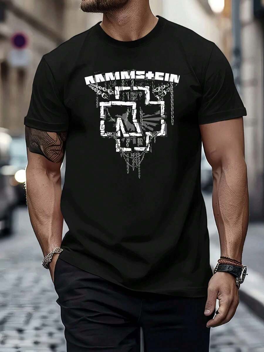 Camiseta negra con estampado gráfico de la banda Rammstein, 100 % algodón, ajuste cómodo, transpirable, informal, estampado gráfico único. - Negro - Ver 1