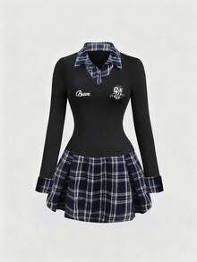 Dravelle Retro American Casual Sports College Style Contrast Color Long Sleeve 2 In 1 Fitted Dress, Suitable For Spring And Autumn - Black - View 1