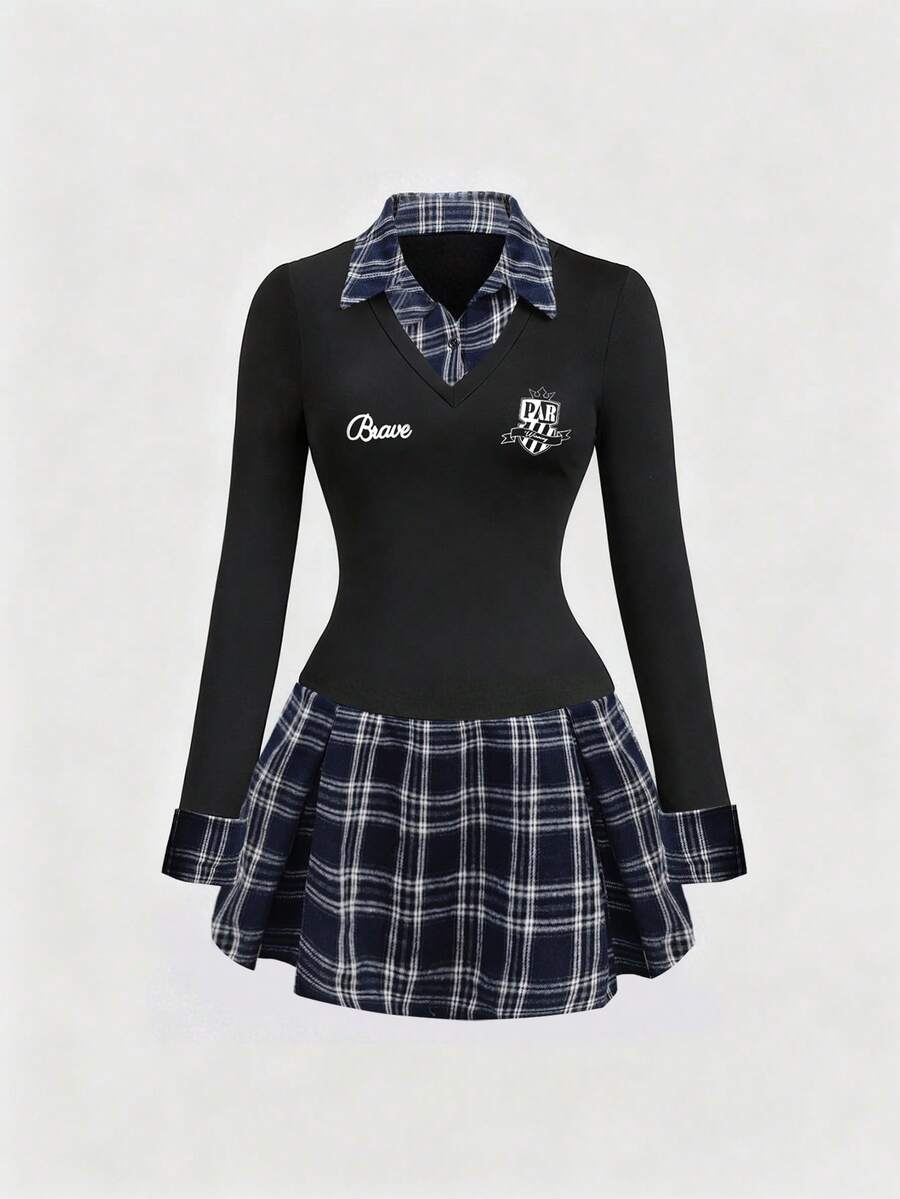 Dravelle Retro American Casual Sports College Style Contrast Color Long Sleeve 2 In 1 Fitted Dress, Suitable For Spring And Autumn - Black - View 1