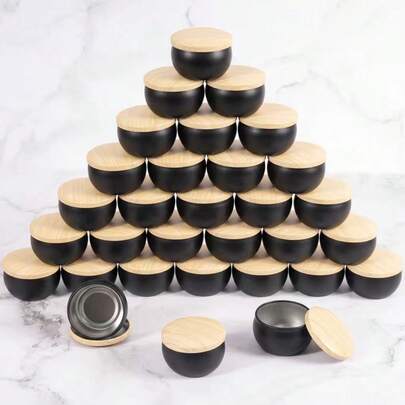 46pcs Black Wax Candle Jars Set With Wood Grain Lids - Waxless Metal Candle Making Kit, Suitable For DIY Crafts, Weddings, Valentine's Day, Birthdays And Various Holiday Parties - Portable Storage Cans Include Wicks, Candle Holders And Stickers (Wax/Dye/Oil Not Included)