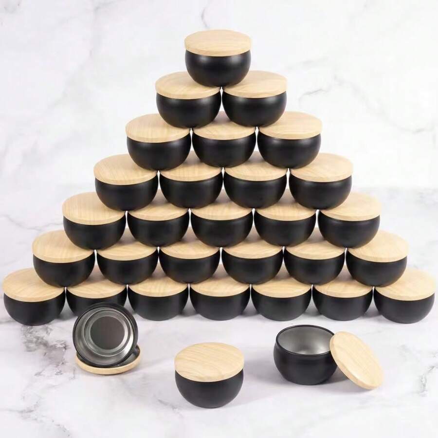 46pcs Black Wax Candle Jars Set With Wood Grain Lids - Waxless Metal Candle Making Kit, Suitable For DIY Crafts, Weddings, Valentine's Day, Birthdays And Various Holiday Parties - Portable Storage Cans Include Wicks, Candle Holders And Stickers (Wax/Dye/Oil Not Included) - Multicolor - View 1