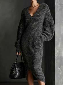 Plus Size Women's Elegant Black Solid Color Cheongsam Dress, V-Neck Slit Casual Knit Sweater Dress For Daily, Party, Date, Spring & Autumn