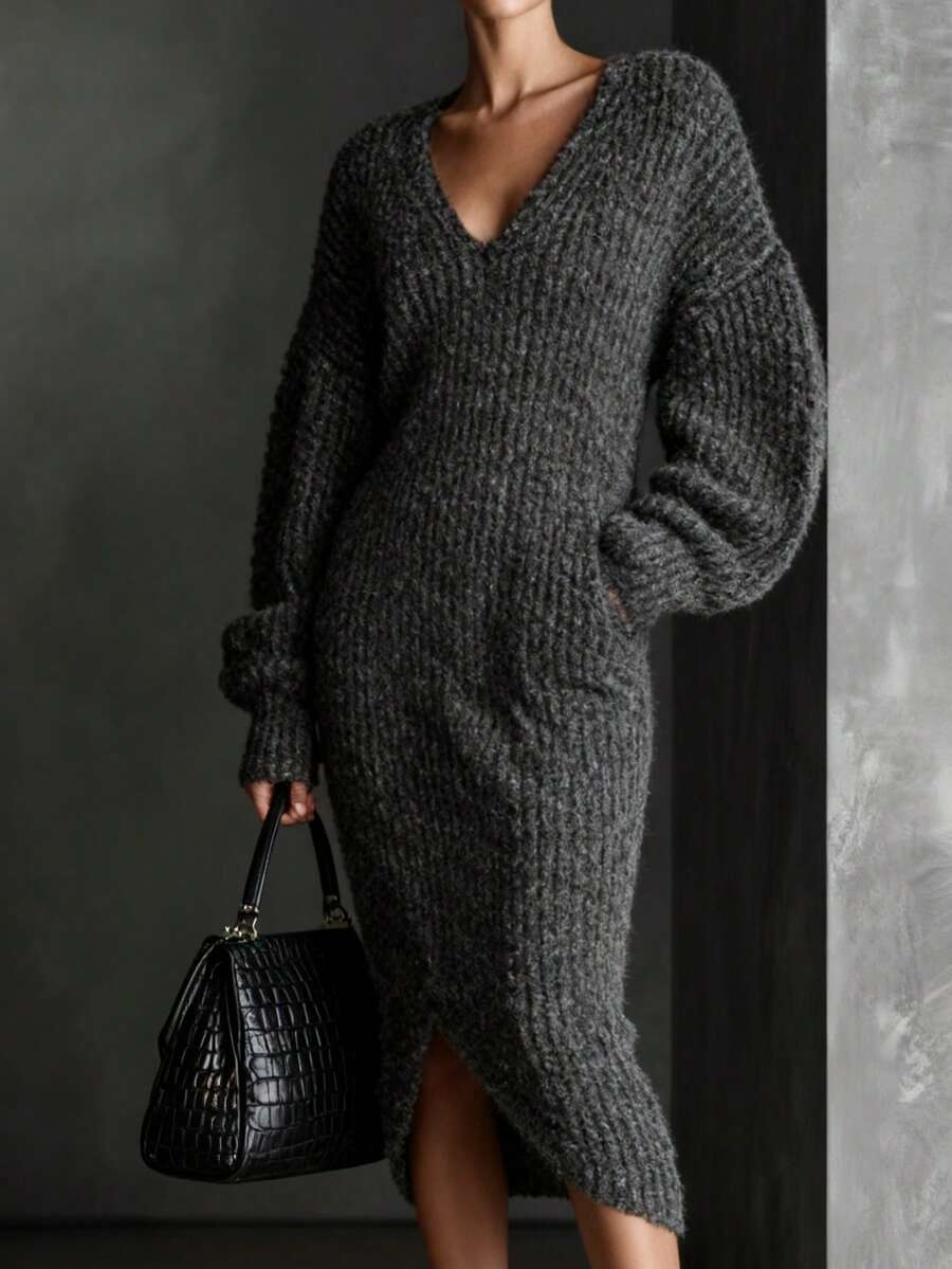 Plus Size Women's Elegant Black Solid Color Cheongsam Dress, V-Neck Slit Casual Knit Sweater Dress For Daily, Party, Date, Spring & Autumn