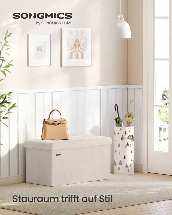 SONGMICS Sitzbank mit Stauraum, Sitztruhe, Aufbewahrungsbox, 38 x 76 x 38 cm, Deckel klappbar, bis 300 kg belastbar, Flur Wohnzimmer Schlafzimmer, Samt