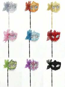 Women Masquerade Mask With Holding Stick Party Mask Half Face Mask, Multi-Color Floral Party Masquerade Mask, Fashionable Half Face Mask Prop For Parties, Celebrations, Performances, Fits Various Holidays And Events, Mysterious, Valentine's Day Gift - Nhiều màu - Xem 5