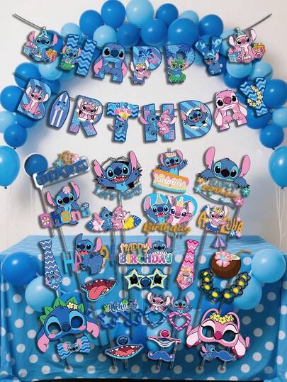 Best-Selling Stitch Glasses + Birthday Flag Decoration And Dressing Set, Role-Playing Party Daily Character Dressing Glasses, Festival Party Decoration And Arrangement, Best-Selling Party Small Gifts, Suitable For Birthday Parties, Weddings, Outdoor Gatherings And Entertainment, Etc. Beautiful Decorative Birthday Outfits, Outdoor Wedding Role-Playing Paper Glasses Decorative Pendants (Balloon-Free)