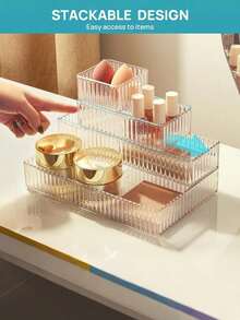 1/2/7件套透明塑料收纳盒套装，适用于办公桌抽屉、浴室、化妆品收纳，亚克力可堆叠抽屉收纳托盘 - 無色 - 查看 2