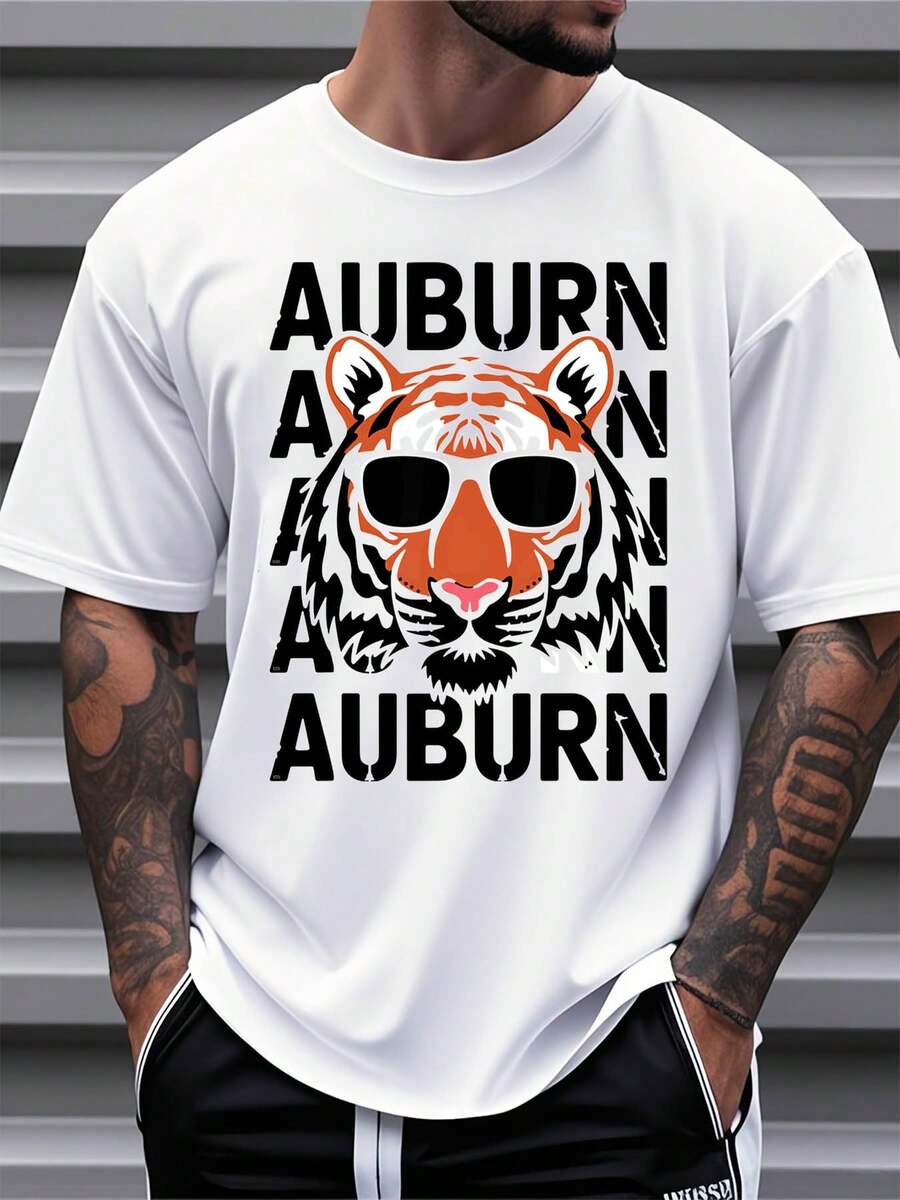 Men's Auburn Tiger Face Sunglasses Graphic T-Shirt College Spirit Wear For Football Game Day And Everyday Wear,220g - 白色 - 查看 1