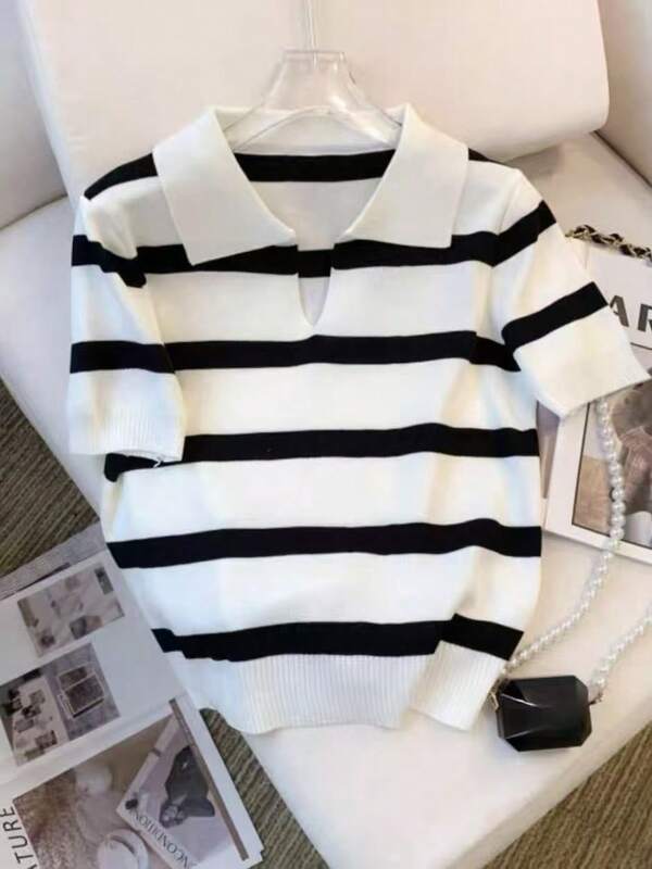 Summer New Striped Contrast Color Casual Polo Collar Knit Top