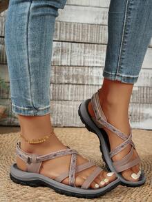 女士经典撞色沙滩PU皮交叉绑带魔术贴防滑软底凉鞋，夏季户外 - 駝色 - 查看 3