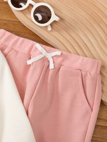 2pcs Baby/Toddler Girls Casual Crew Neck Long Sleeve Letter Print Sweatshirt And Drawstring Pocket Pants Set, Autumn/Winter - Apricot - View 4