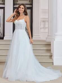 Gorgeous And Elegant Floral Print Lace Applique A-Line Wedding Dress, Suitable For All Seasons - Beige - View 2