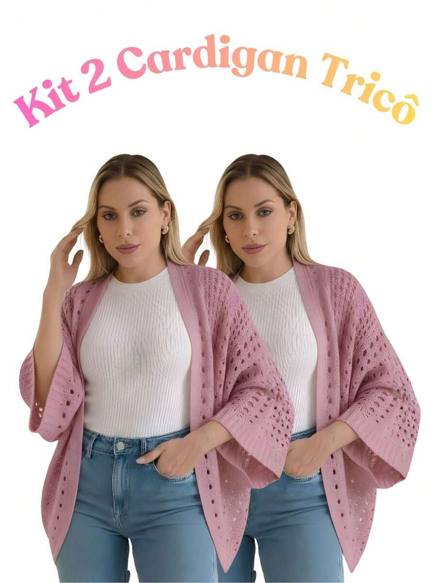 Set Of 2 Women's Cardigan Blouses, Knitted Cape, Openwork Knit, Autumn - 粉紅色/粉紅色 - 查看 1