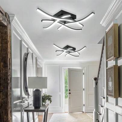 XINGOO 1 st. modern minimalistisk hembelysning LED svart lyxig taklampa, elegant böjd design, inbyggda 4 LED-paneler, 28W effekt, lämplig för vardagsrum/sovrum/matsal/hall/balkong taklampa, kallvit 6000K/varmvit 3000K, stöder endast 220-240V 50/60Hz spänning (Varning: Ej kompatibel med 110V)