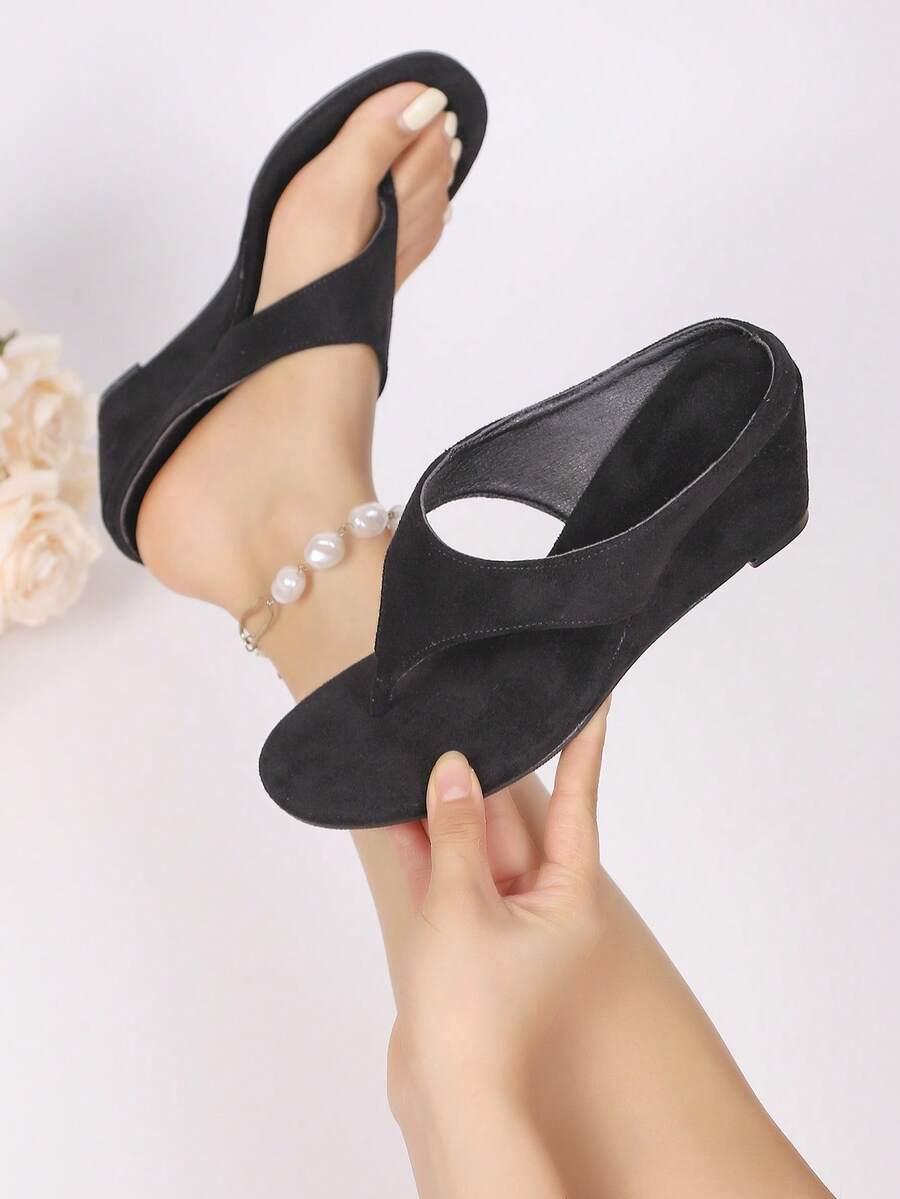 Dép xỏ ngón nữ kiểu retro có quai ngang mắt cá chân, đế xuồng, kiểu La Mã, dép lê casual, dép cao gót đế dày kiểu La Mã, dép xỏ ngón mùa hè ngoài trời. - màu đen - Xem 1