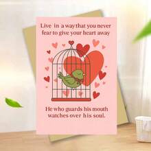 1pc Inspirational Quote Card With Envelope (11cm16cm & 4.33in6.29in) - "Live In A Way That You Never Fear To Give Your Heart Away" On Soft Pink Background With A Green Bird In A Cage And Floating Hearts, Perfect For Encouraging Openness And Emotional Courage, Thoughtful Greeting Card | Motivational Card | Paper Card - Multicolor - View 13