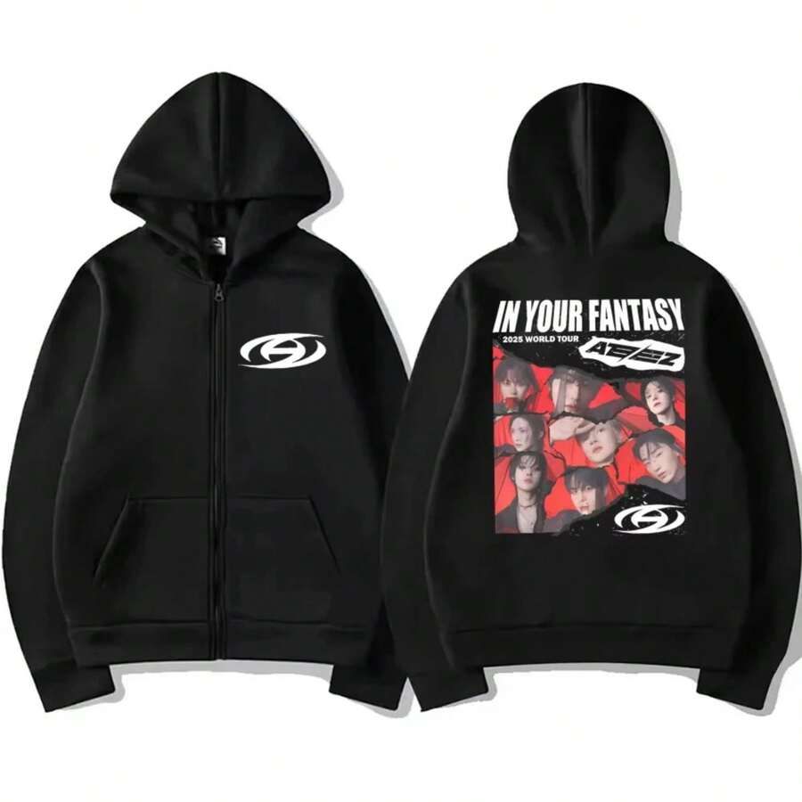 Korea Kpop AteezS In Your Fantasy Tour 2025 Printed Hoodie Men Women TrendSS Y2k Zipper Sweatshirt Unis - Đen 2 - Xem 1