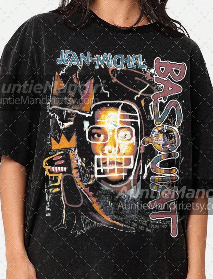 Basquiat Inspired Graphic T-Shirt, Street Art Fashion - 黑色 - 查看 1