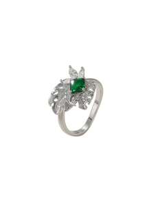 Gift Box Luxury Leaf-Shaped Emerald Ring, Shiny Cubic Zirconia Jewelry For Party And Banquet, Ideal Gift Choice For Holidays - Silver - View 6