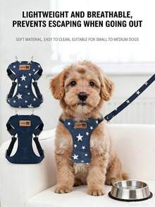 Denim Dog Harness Leash Set, Star Pattern Suitable For Small & Medium Dogs, Denim Jacket Outfit For Poodle, Corgi, Puppy Pet Supplies