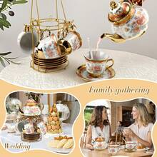 20-Piece White Porcelain Tea Set, Large 23 Oz Floral Teapot With Metal Stand For Elegant Adult Tea Service(Wedding, Bridal Shower) - 白色 - 查看 6