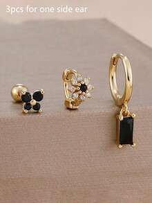 3件套18K镀金黑锆石蝴蝶耳钉花朵耳环套装，12星座不锈钢耳环，低过敏性耳骨穿刺饰品，情人节、妈妈、母亲节礼物 - 金-14# - 查看 3