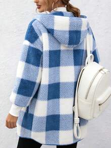 Plaid Color Block Cardigan Moda Suéter Mujeres Cárdigan oversize de estilo europeo y americano con estampado de cuadros en bloques de color y ribete de piel Prenda de punto de moda para mujer Cárdigan de lana con capucha, solapas grandes y estampado de cuadros en bloques de color Estilo informal y holgado Silueta cálida y favorecedora - Azul - Ver 7