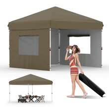 Tienda de campaña plegable de 3 x 3 m con una pared lateral, carpa de playa con instalación rápida, parasol para fiestas y camping, protección UPF 50+, impermeable para todo tipo de clima, con bolsas de peso y bolsa de transporte con ruedas. - Caqui - Ver 1