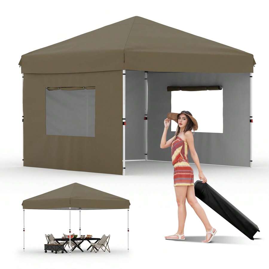 Tienda de campaña plegable de 3 x 3 m con una pared lateral, carpa de playa con instalación rápida, parasol para fiestas y camping, protección UPF 50+, impermeable para todo tipo de clima, con bolsas de peso y bolsa de transporte con ruedas. - Caqui - Ver 1