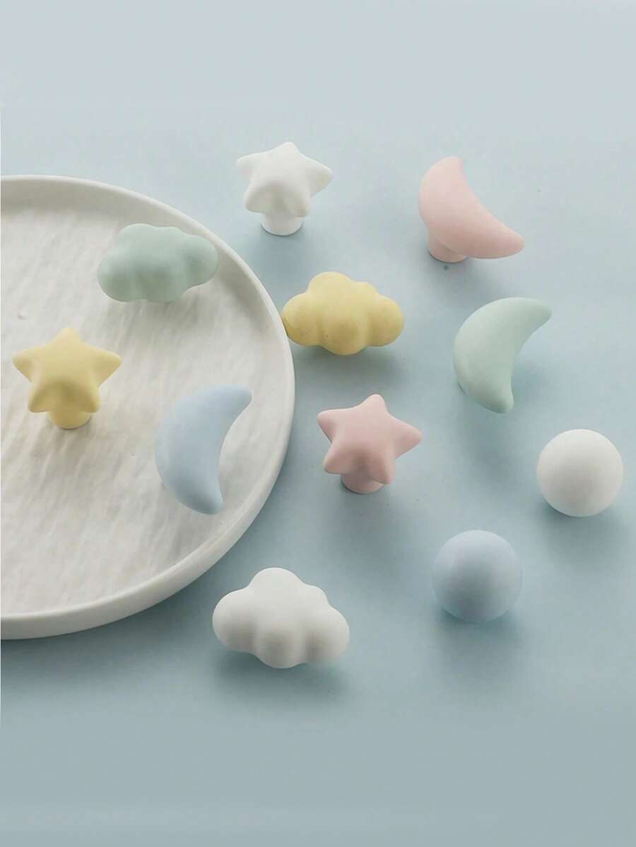 可爱儿童衣柜柜把手 - 星星、云朵、月亮陶瓷家具旋钮,卡通衣柜拉手,抽屉门把手 - 彩色 - 查看 1