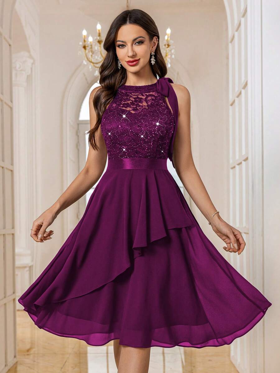 MIUSOL 亮片花卉蕾丝拼接露背派对礼服，适合生日、婚礼宾客、晚宴及其他场合，夏季优雅之选。