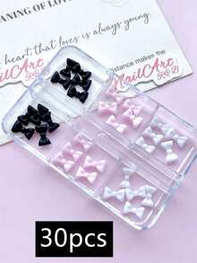 30/50pcs White & Pink Bow Nail Art Decorations, Cute Black Bow Korean Nail Accessories, Suitable For Women DIY Nail Salon Decor, Also Suitable For Little Girls Nail Art Creation, Minimalist Style, Cute Style, Y2K Style, DIY Decorative Accessories, Matte Finish, Glossy Nails, Long Nails, Short Nails, Almond Nails, Ballet Slipper Nails, French Pointed Nails, Toe Nails And Various Nail Art Supplies, Nail Jewelry, Nail Gems - Multicolor - View 9