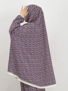 2pcs Set: Khimar + Abaya Floral Print Muslim Prayer Outfit, Pullover Long Robe Abaya Paired With Matching Printed Hijab Headscarf, Casual Outdoor Essential Fashion Item, Women's Abaya Robe, Muslim Hijab Dress