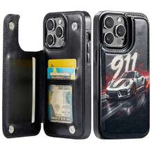 Funda para teléfono  911 Speed Design, compatible con fundas ,  17,  16 Pro Max,  15 Pro Max,  13 y  12. Fabricada en cuero genuino negro de lujo y duradero con diseño tipo billetera, incluye soporte, ranura para tarjetas de crédito y protección contra golpes. Un regalo perfecto para amantes de los autos, familiares, amigos y seres queridos en cualquier ocasión. - Negro - Ver 1