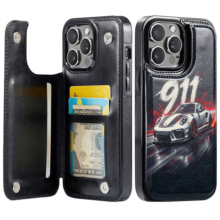 Funda para teléfono 911 Speed Design, compatible con fundas , 17, 16 Pro Max, 15 Pro Max, 13 y 12. Fabricada en cuero genuino negro de lujo y duradero con diseño tipo billetera, incluye soporte, ranura para tarjetas de crédito y protección contra golpes. Un regalo perfecto para amantes de los autos, familiares, amigos y seres queridos en cualquier ocasión. - Negro - Ver 1