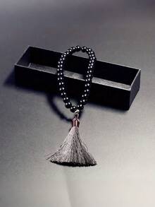 33pcs Black Gemstone Beaded Necklace With Tassel - Middle Eastern Style Fashionable Men's Rosary - Multicolor - View 2