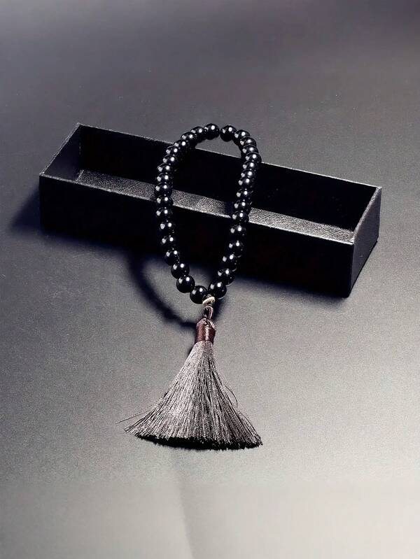 33pcs Black Gemstone Beaded Necklace With Tassel - Middle Eastern Style Fashionable Men's Rosary