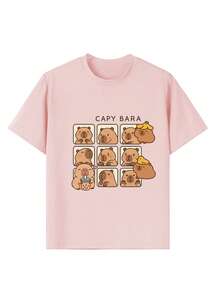Tween Girls' Capybara Print Crew Neck T-Shirt, Summer Top - Pink - View 3
